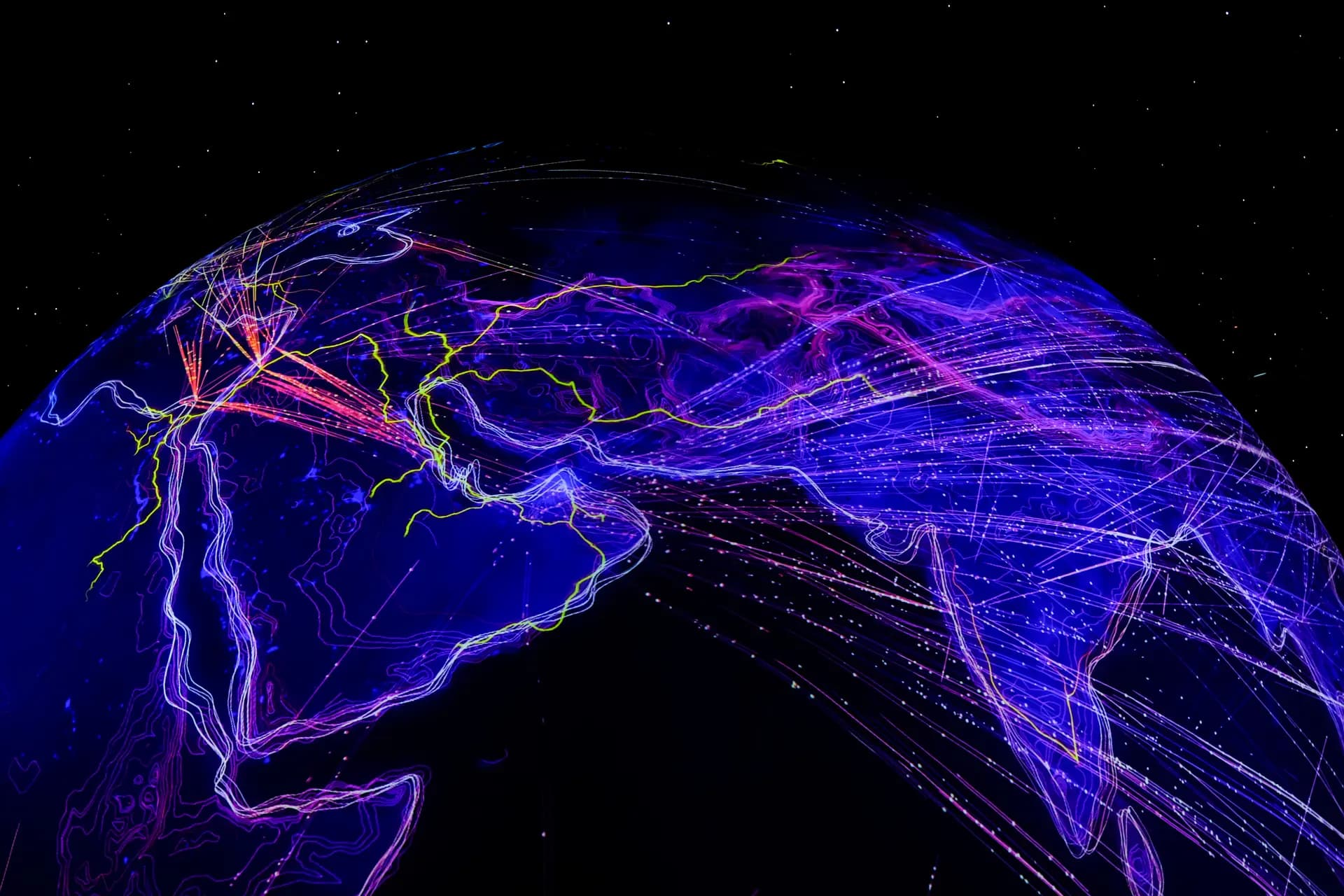 Stilisierte Erdkugel mit leuchtenden Datenströmen — visualisiert die globale Web-Infrastruktur, in der WordPress und Next.js parallel laufen