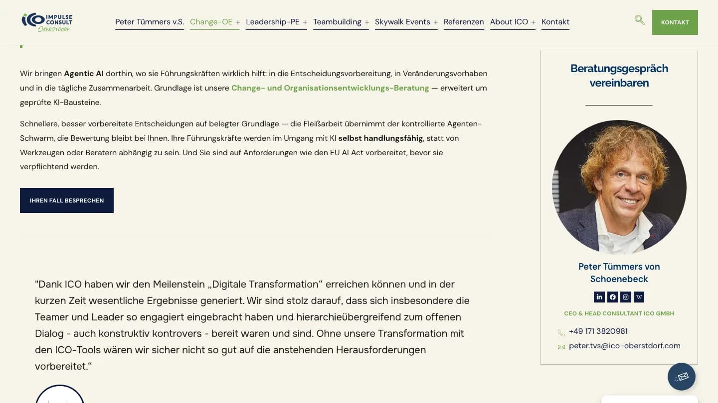 Agentic-AI-Bereich der ICO-Website mit Beratungsangebot und Referenzstimme