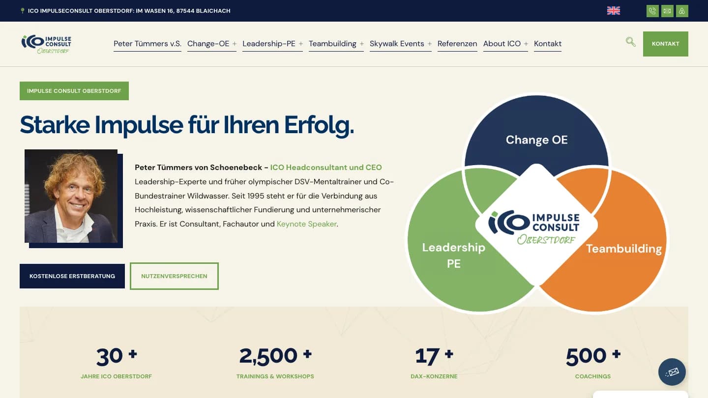 Startseite von ICO ImpulseConsult Oberstdorf mit den drei Geschäftsfeldern Change, Leadership und Teambuilding